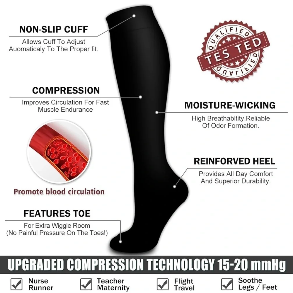 Cooper Compression Socks Women’s or Men’s 6 Pair Black Knee-High Socks S/M
